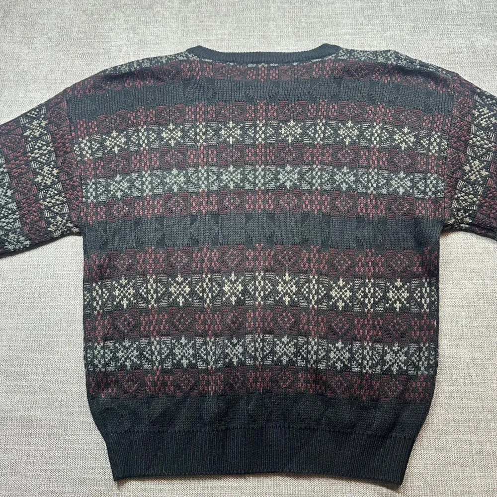 Robert Stock Sweater Mens Large Black Burgundy Fair Isle Vintage  Knit